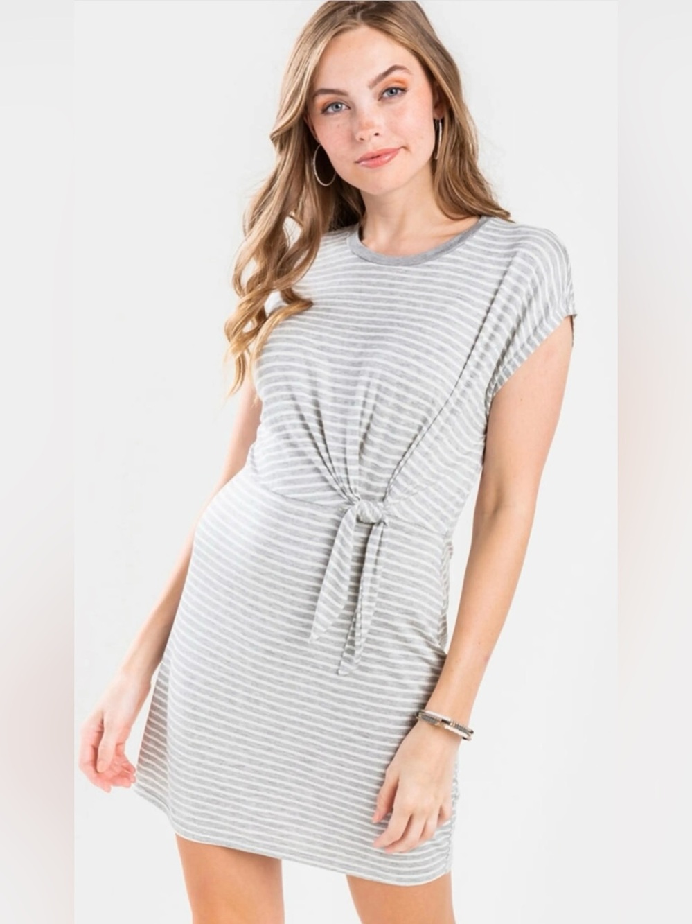 Alya Gray and White Striped Tie-Front Midi Dress